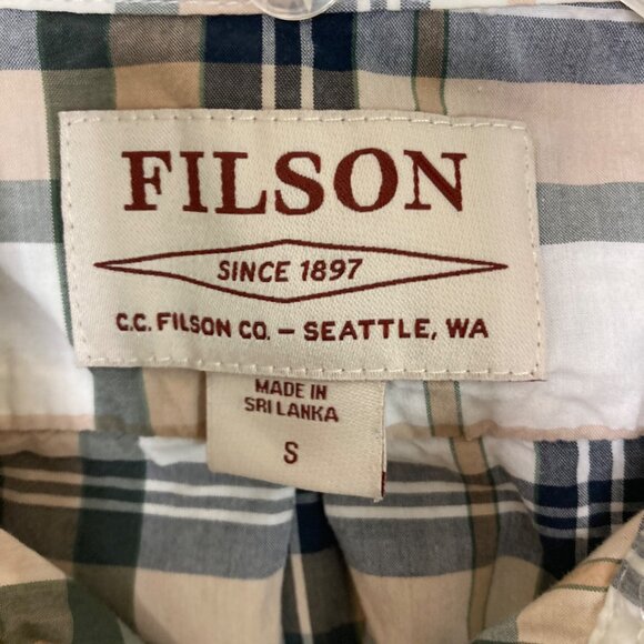 Filson Shirt Mens Small White Tan Green Plaid Long Sleeve Gorpcore - Picture 3 of 9